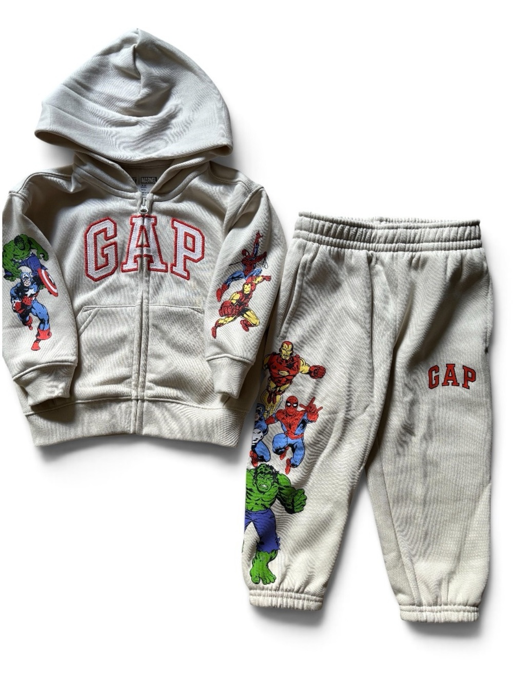 🎉 (18-24m) Gap x Marvel Toddler Cream Fleece Hoodie & Sweatpants Tracksuit Set